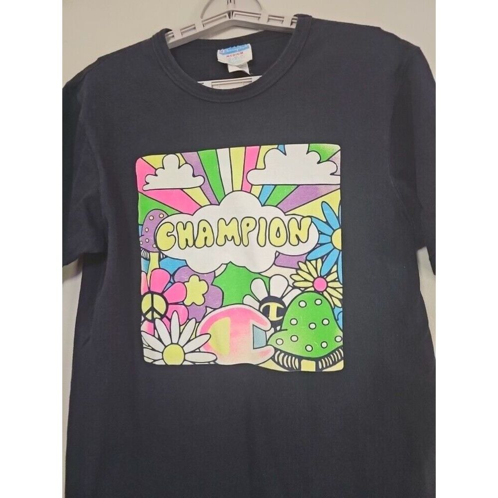 Champion T-Shirt Psychedelic Men's Size Medium Mushrooms Rainbows‎ Black Vintage